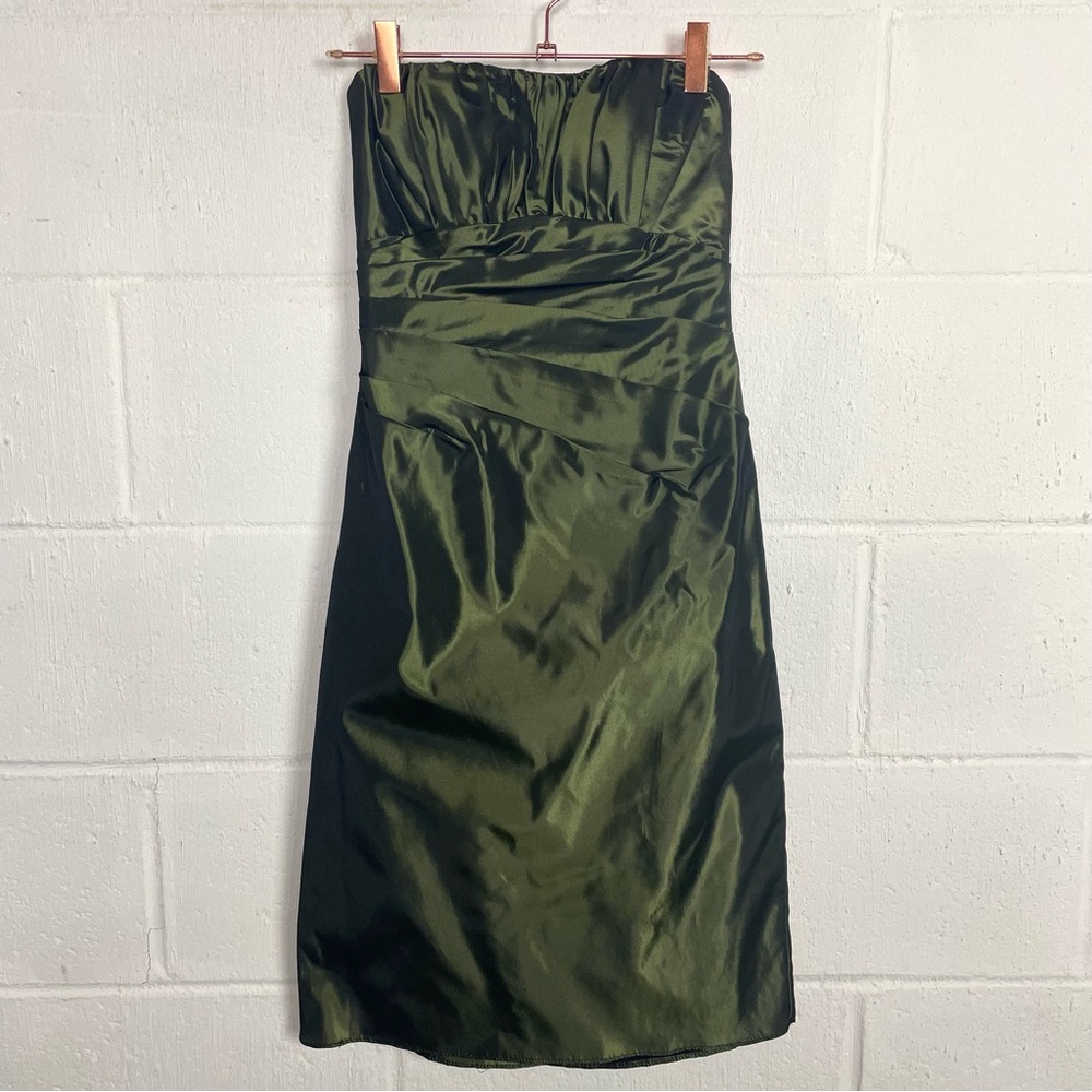 Mackenzie Michaels Strapless Bandage Dress Satin Olive Green Wedding Cocktail 2‎